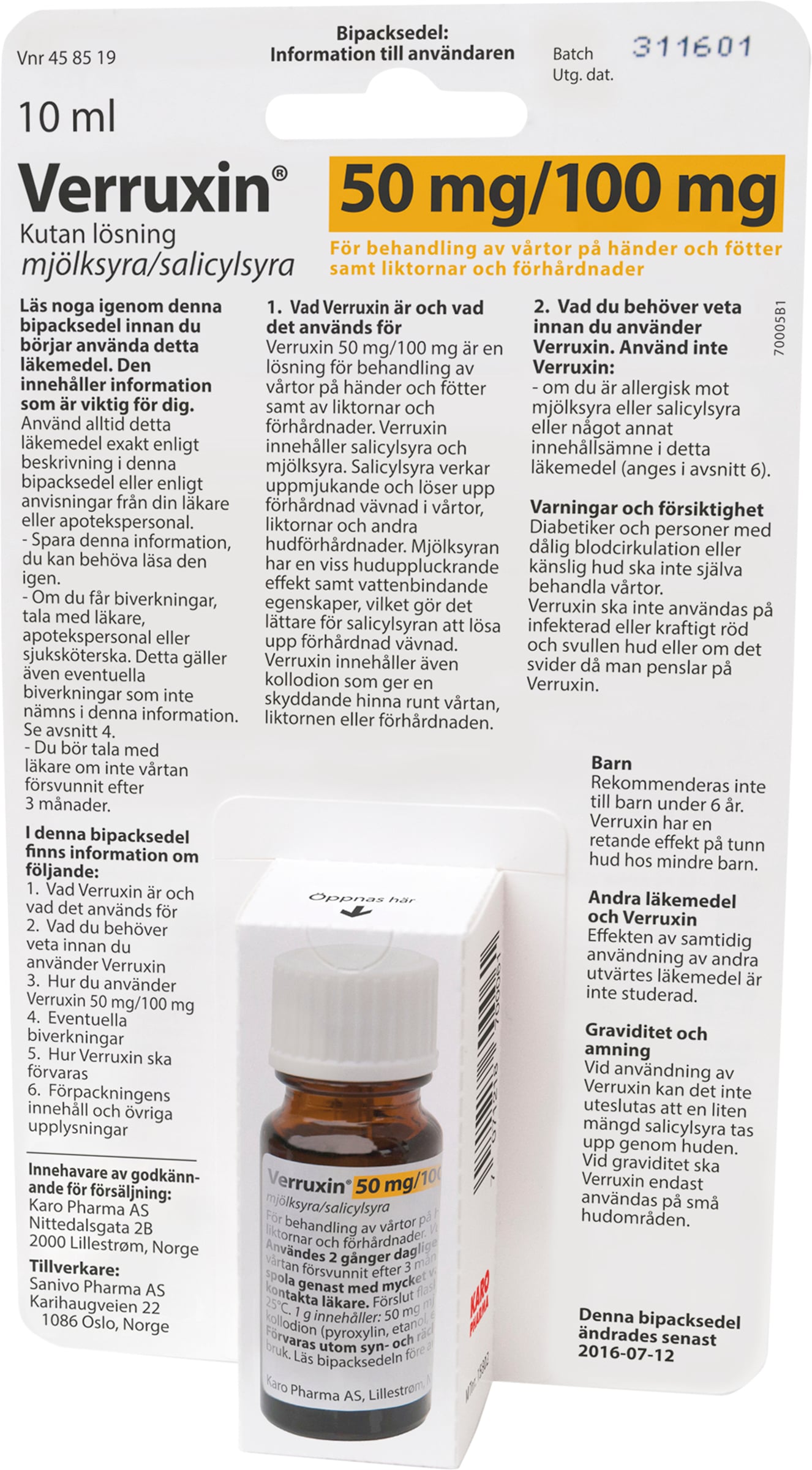 Verruxin, kutan lösning 50 mg/100 mg 10 ml