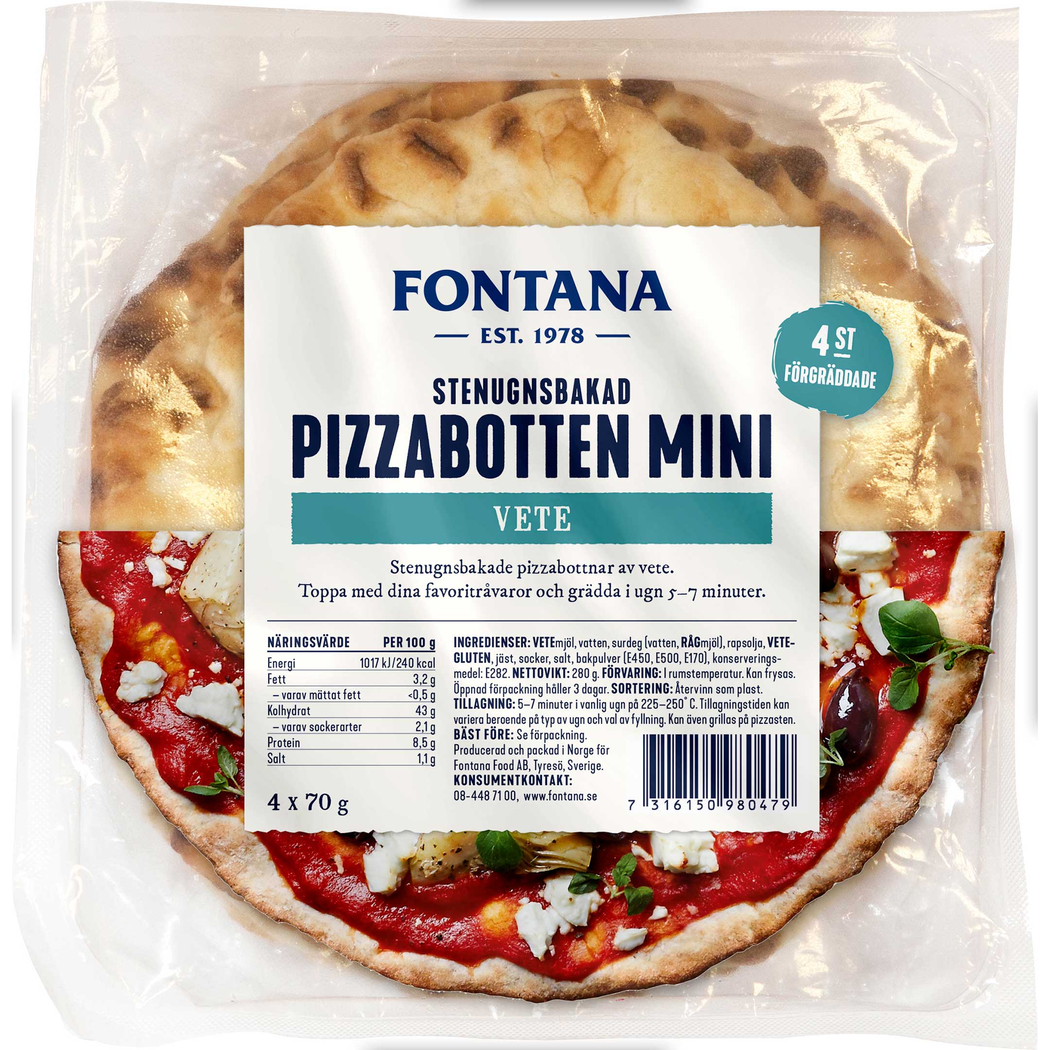 Fontana Stenugnsbakad Pizzabotten Vete Mini 4x70 g