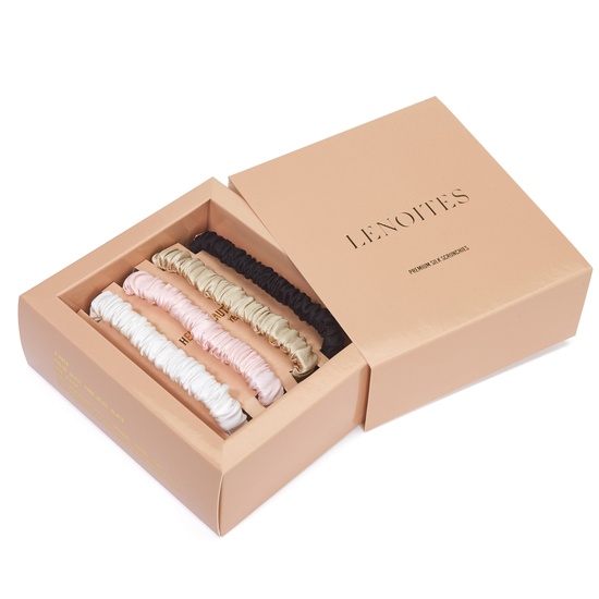Lenoites Mulberry Silk Skinny Scrunchies white, pink, beige, black 