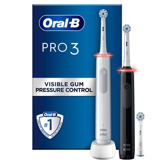 Oral-B Pro 3 3900 Tvåpack Svart och vit Eltandborstar Designed + 3 Borsthuvuden 