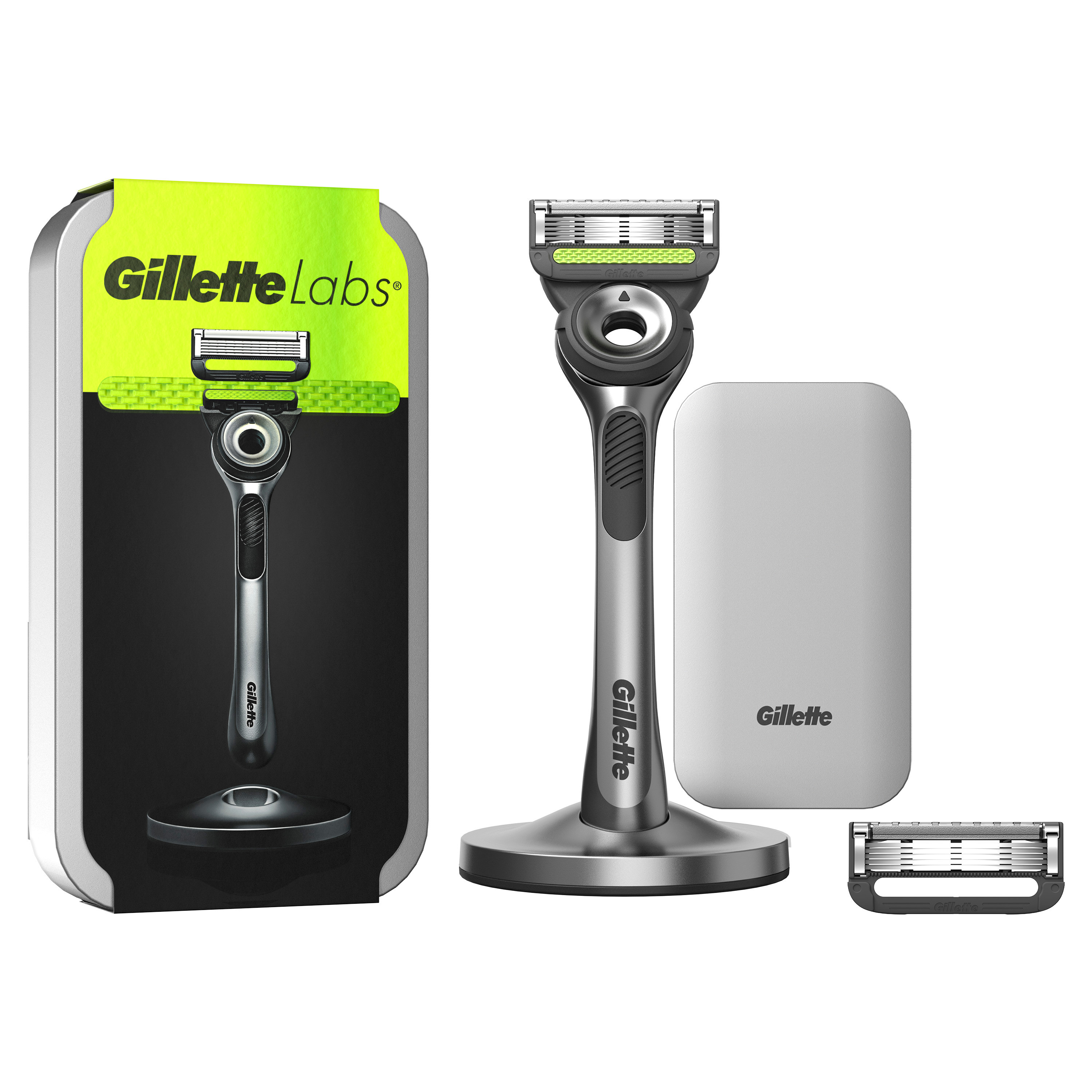 Gillette Labs Rakhyvel Exfoliating Bar med magnetiskt ställ Resefodral 2 Rakblad