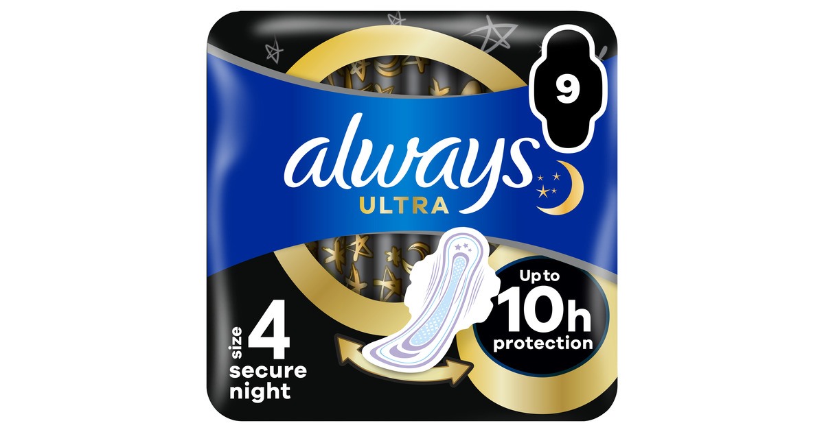 Köp Always Ultra Bindor Secure Night S4 Med Vingar 9 st | MEDS Apotek