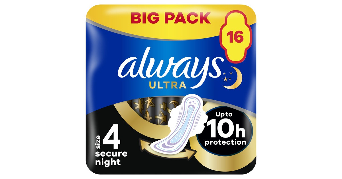 Köp Always Ultra Secure Night Bindor Med Vingar S4 16 st | MEDS Apotek