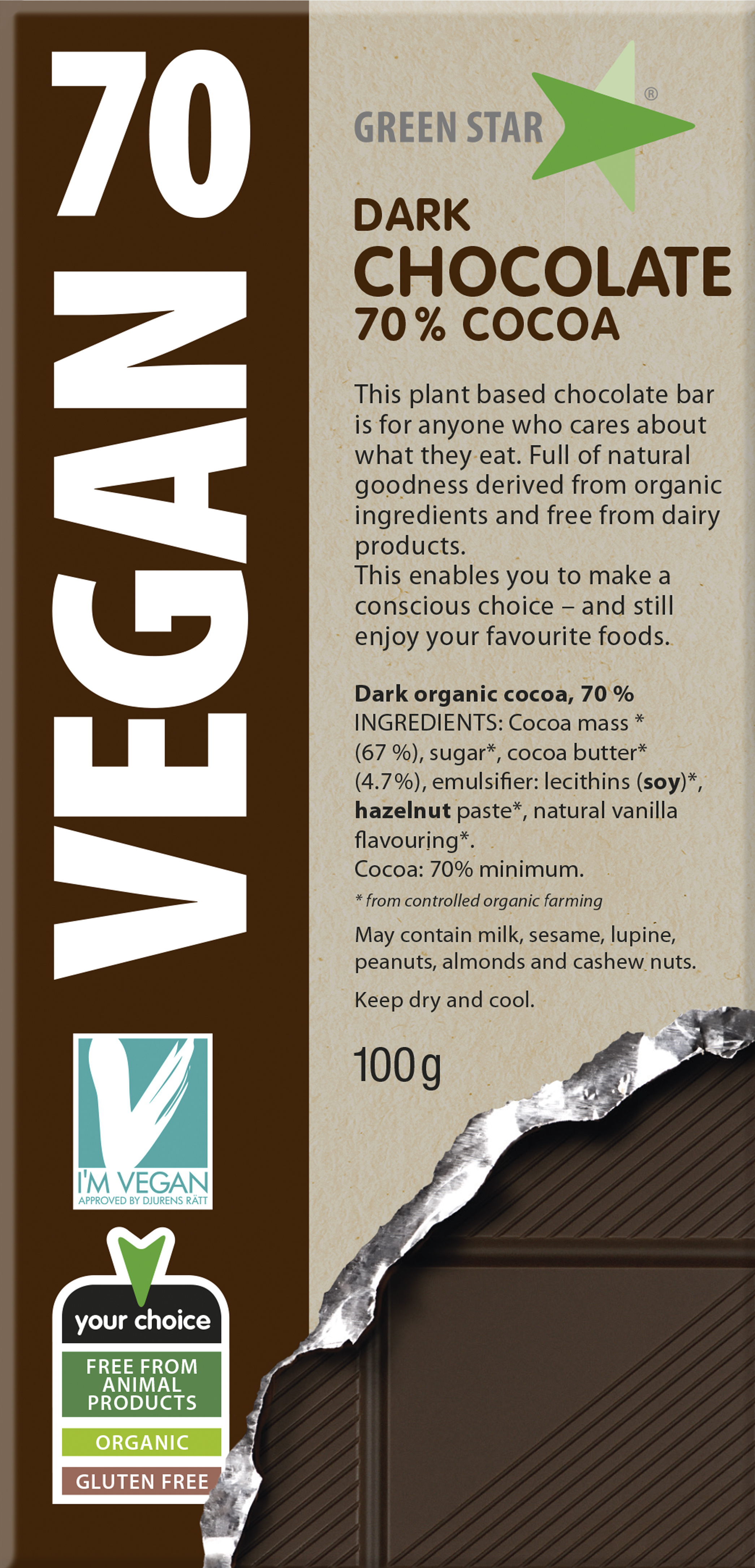 Green Star Vegan Choklad 70% EKO 100 g