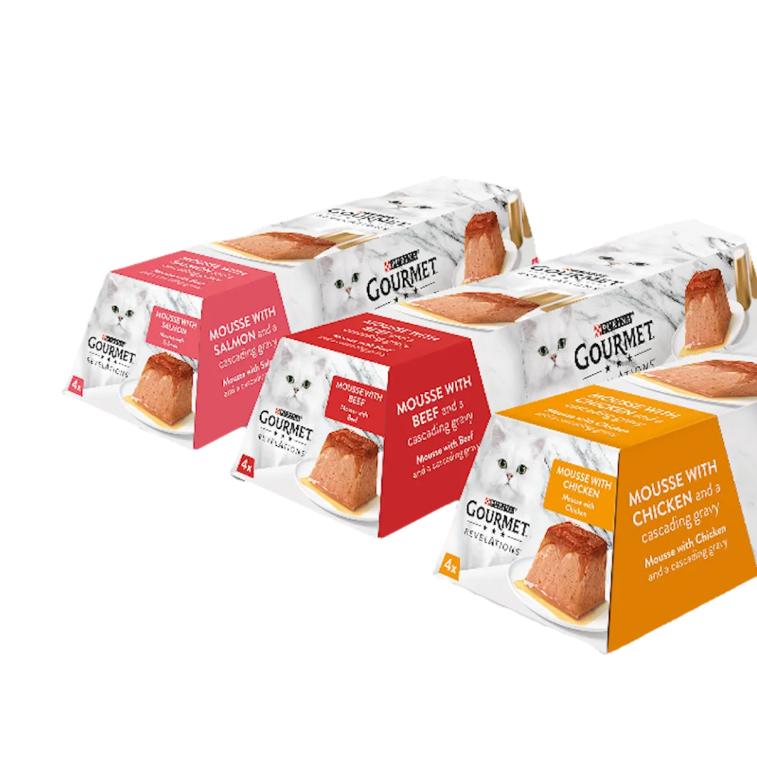 Purina Gourmet Revelations Mousse med Ox, Lax & Kyckling med en rinnande sås på toppen 48 x 57 g