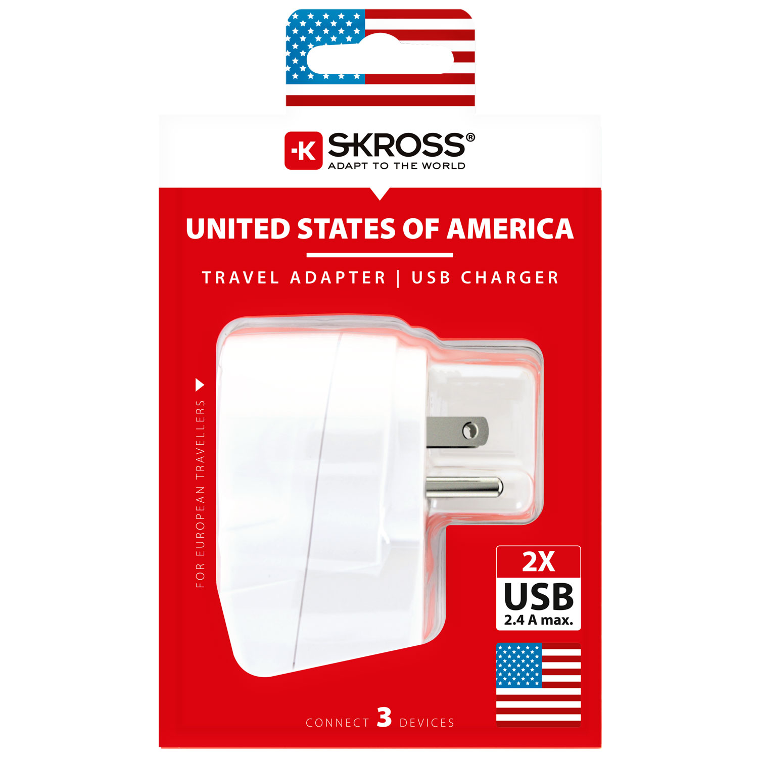 SKROSS Reseadapter Europa till USA m.fl. 2 x USB-A Jordad