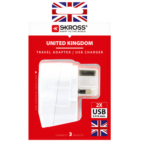 SKROSS Reseadapter Europa till UK m.fl. 2 x USB-A Jordad