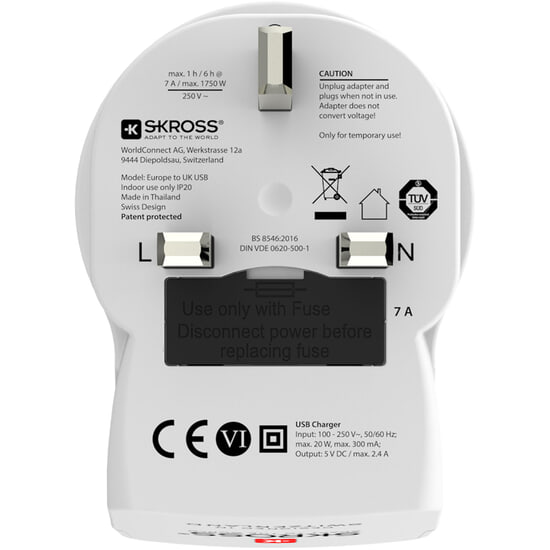 SKROSS Reseadapter Europa till UK m.fl. 2 x USB-A Jordad