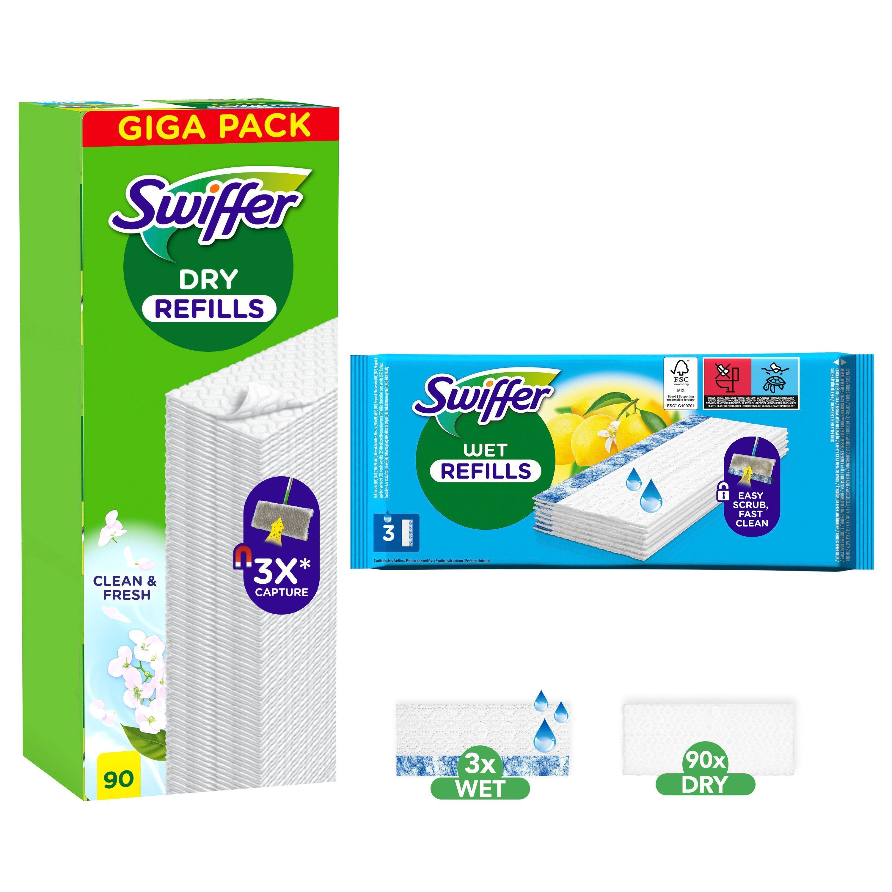 Swiffer Wet & Dry Rengöringsdukar för Golv 90 st torra + 3 st Våta