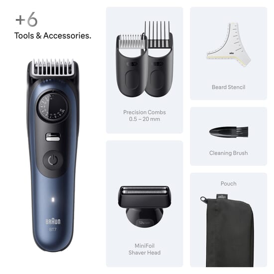 Braun Skäggtrimmer Series 7 +6 Barberverktyg BT7520 Blå