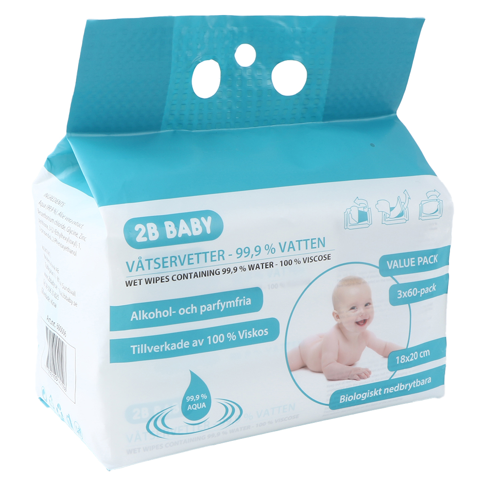 2B Baby Våtservetter 99,9 % Vatten 100 % Viskos 3x60-pack