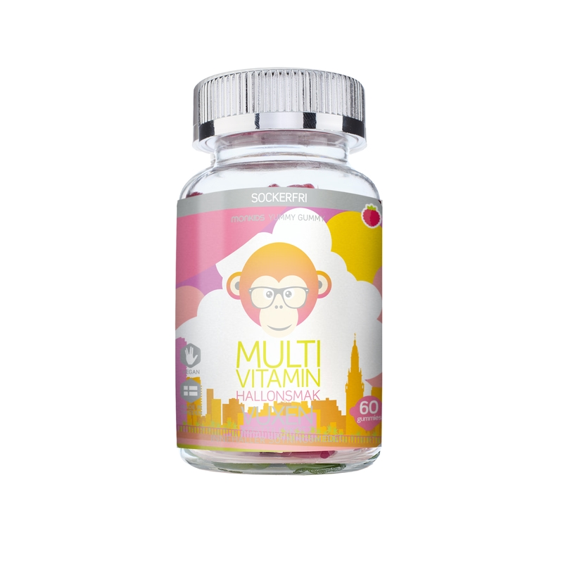 Monkids Multivitamin Sockerfri Vuxen Hallon 60 Tuggtabletter