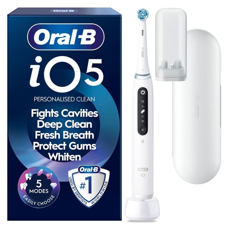 Oral-B iO 5 Eltandborste Vit med Resefodral och Borthuvudshållare
