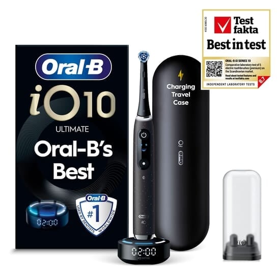 Oral-B iO 10 Eltandborste Svart med Magnetisk snabbladdare, Resefodral & Borsthuvudshållare