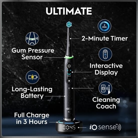 Oral-B iO 10 Eltandborste Svart med Magnetisk snabbladdare, Resefodral & Borsthuvudshållare