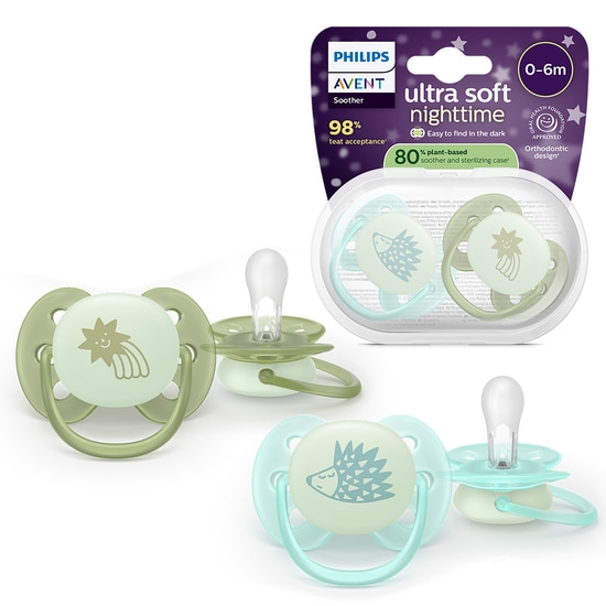 Philips Avent Ultra Soft Nattnapp Glow in the Dark Grön & Blå 0-6 månader 2 st