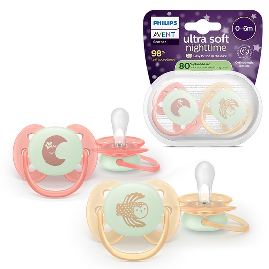 Philips Avent Ultra Soft Nattnapp Glow in the Dark Rosa & Gul 0-6 månader 2 st