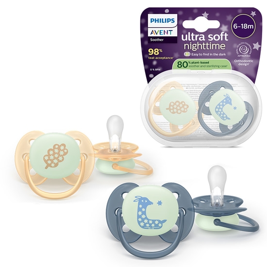 Philips Avent Ultra Soft Nattnapp Glow in the Dark Grå & Gul 6-18 månader 2 st