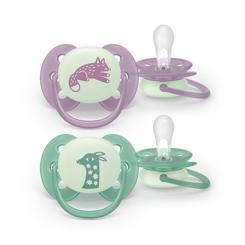 Philips Avent Ultra Soft Nattnapp Glow in the Dark Lila & Grön 6-18 månader 2 st