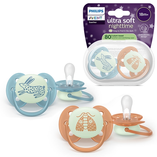 Philips Avent Ultra Soft Nattnapp Glow in the Dark Blå & Orange +18 månader 2 st