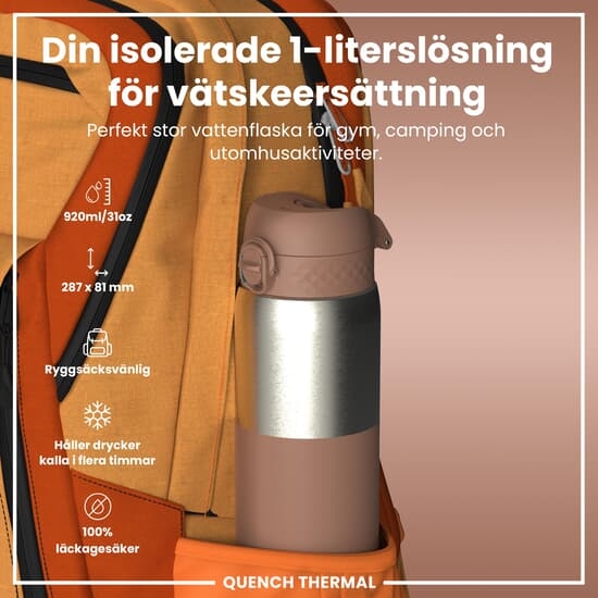 ION8 OneTouch Isolerad Vattenflaska i Rostfritt Stål Halvskuren Mocha Mousse 920 ml