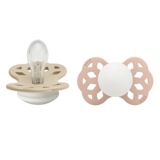 BIBS Infinity Silicone Symmetrical Size 1 Vanilla GLOW/Blush GLOW 2-pack