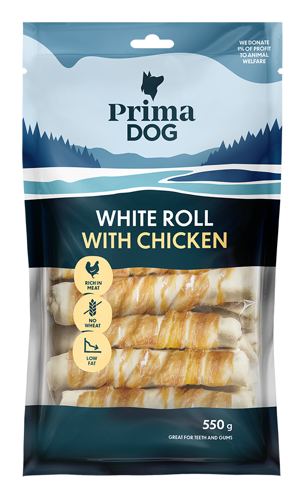 PrimaDog Vit Tuggrulle med Kyckling 13 cm 550 g
