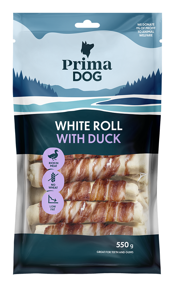 PrimaDog Vit Tuggrulle med Anka 13 cm 550 g