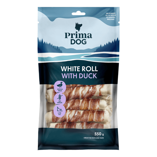 PrimaDog Vit Tuggrulle med Anka 13 cm 550 g