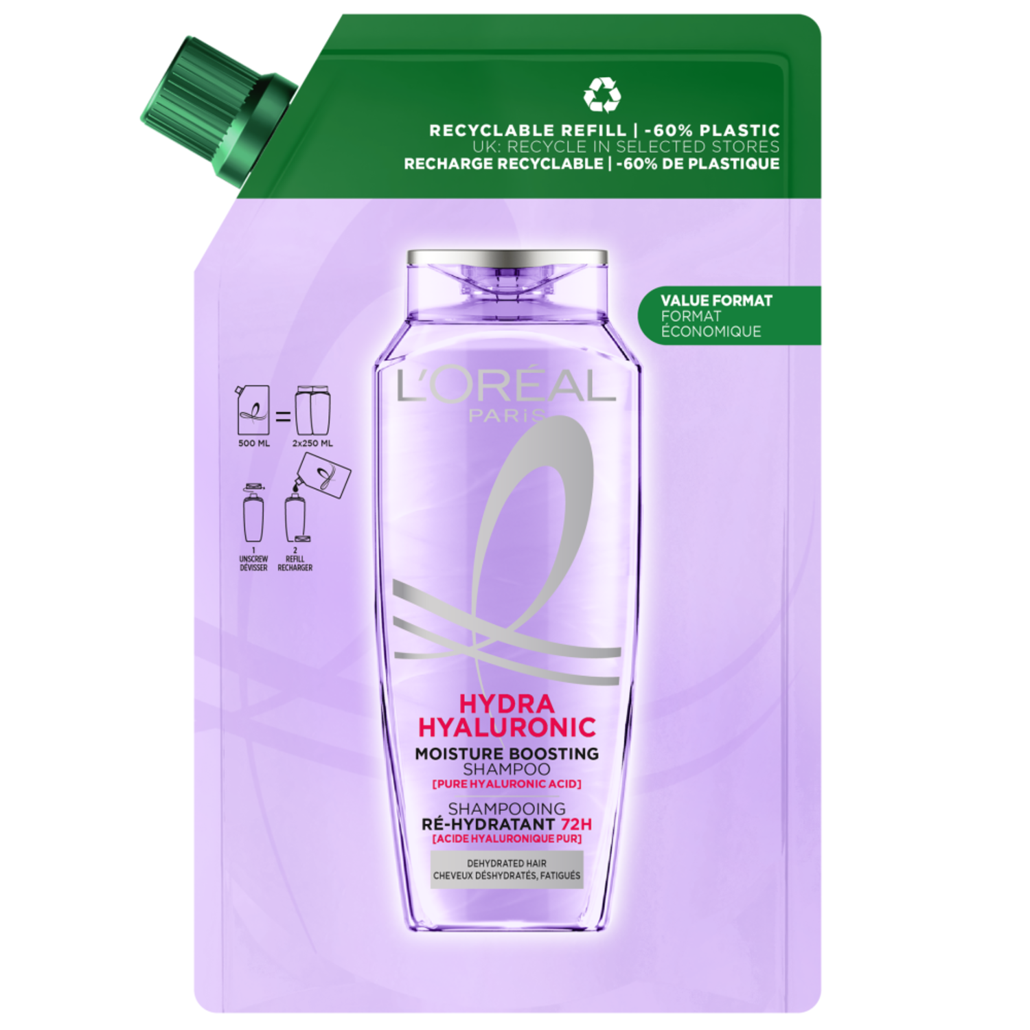Alternativ bild 1 för L'Oréal Paris Elvital Hyaluron Plump Shampoo Refill For Dehydrated Hair 500 ml