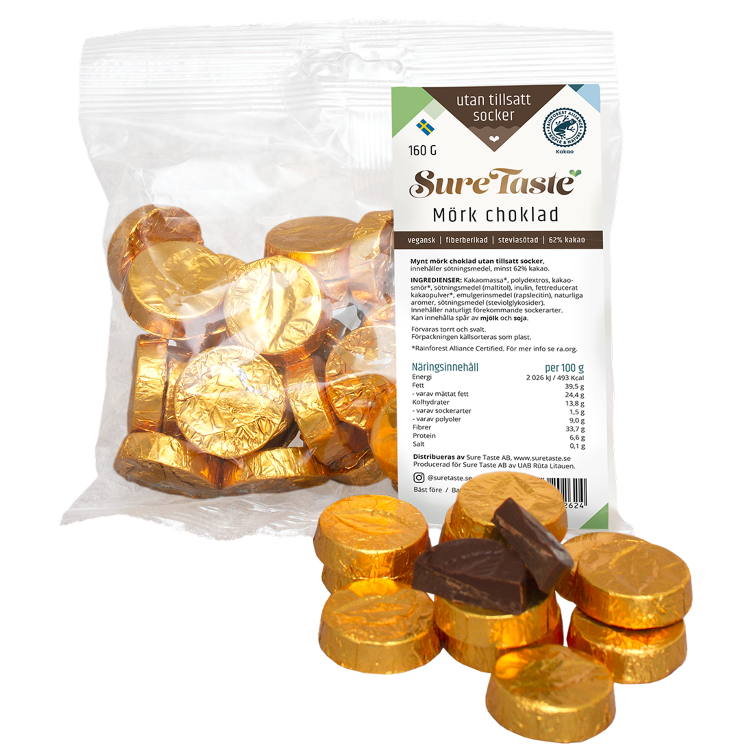 Alternativ bild 1 för Sure Taste Mynt Mörk Choklad Guldfolie 160 g