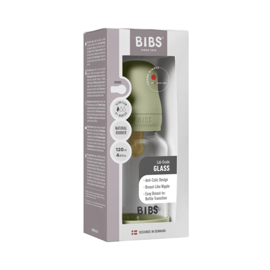 BIBS Glass Baby Bottle Round Latex Slow Flow Sage 120 ml