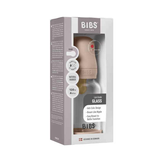BIBS Glass Baby Bottle Round Latex Slow Flow Blush 120 ml