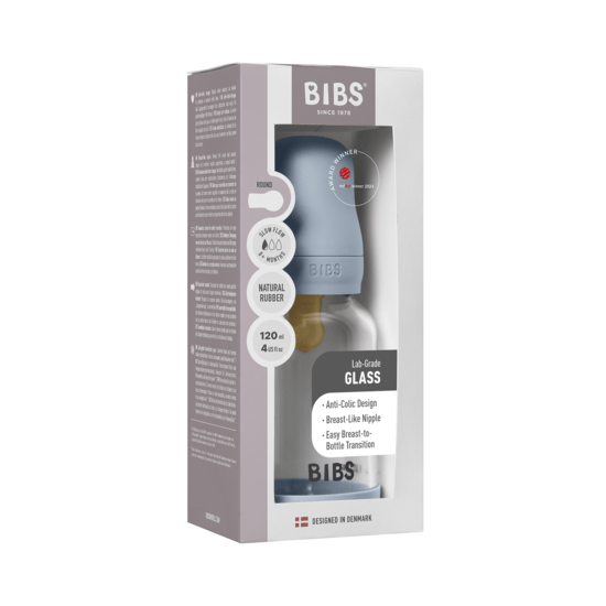 BIBS Glass Baby Bottle Round Latex Slow Flow Baby Blue 120 ml