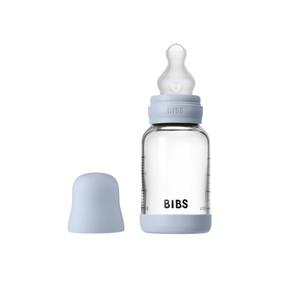 BIBS Glass Baby Bottle Round Silicone Slow Flow Baby Blue 120 ml