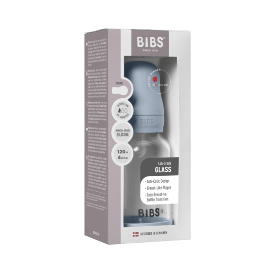 BIBS Glass Baby Bottle Round Silicone Slow Flow Baby Blue 120 ml