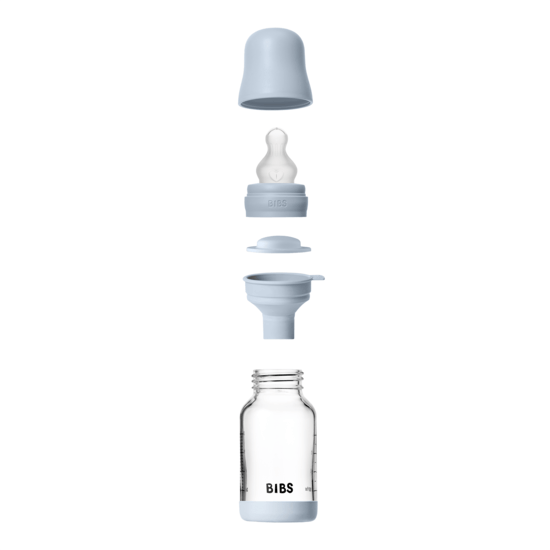 BIBS Glass Baby Bottle Round Silicone Slow Flow Baby Blue 120 ml