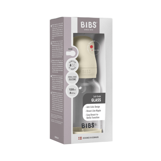 BIBS Glass Baby Bottle Round Silicone Slow Flow Ivory 120 ml