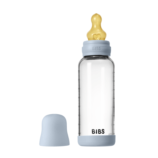BIBS Glass Baby Bottle Round Latex Medium Flow Baby Blue 240 ml