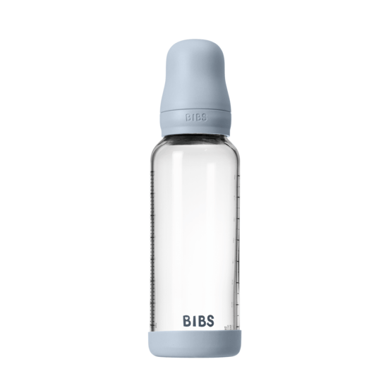 BIBS Glass Baby Bottle Round Latex Medium Flow Baby Blue 240 ml