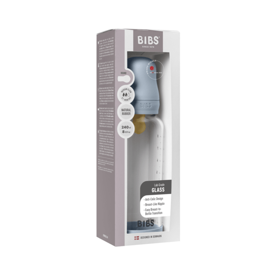 BIBS Glass Baby Bottle Round Latex Medium Flow Baby Blue 240 ml