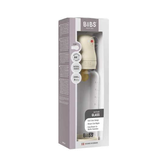 BIBS Glass Baby Bottle Round Latex Medium Flow Ivory 240 ml