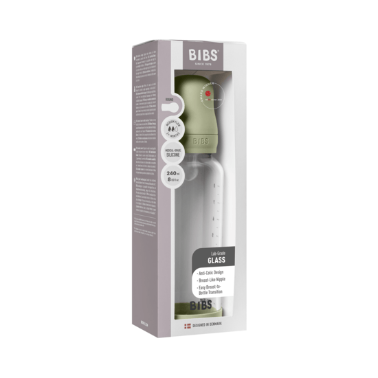 BIBS Glass Baby Bottle Round Silicone Medium Flow Sage 240 ml