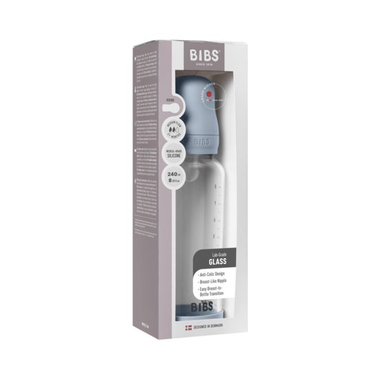 BIBS Glass Baby Bottle Round Silicone Medium Flow Baby Blue 240 ml