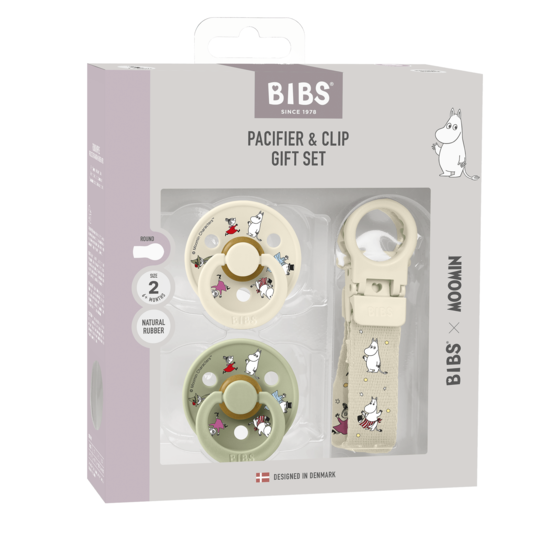 BIBS x Moomin Colour Pacifier & Loop Clip Gift Set Latex Size 2 Ivory/Sage