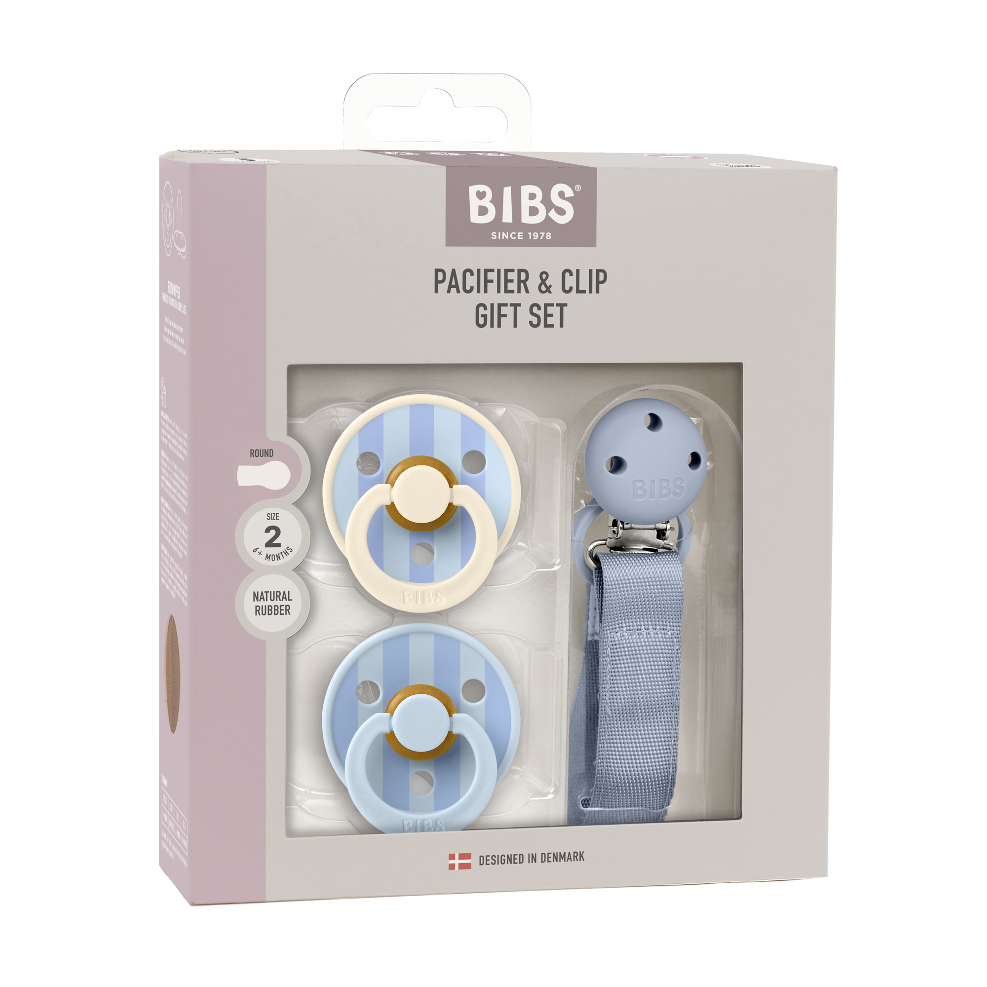 BIBS Pacifier & Clip Gift Set Pin & Block Latex Size 2 Dusty Blue
