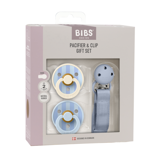 BIBS Pacifier & Clip Gift Set Pin & Block Latex Size 2 Dusty Blue
