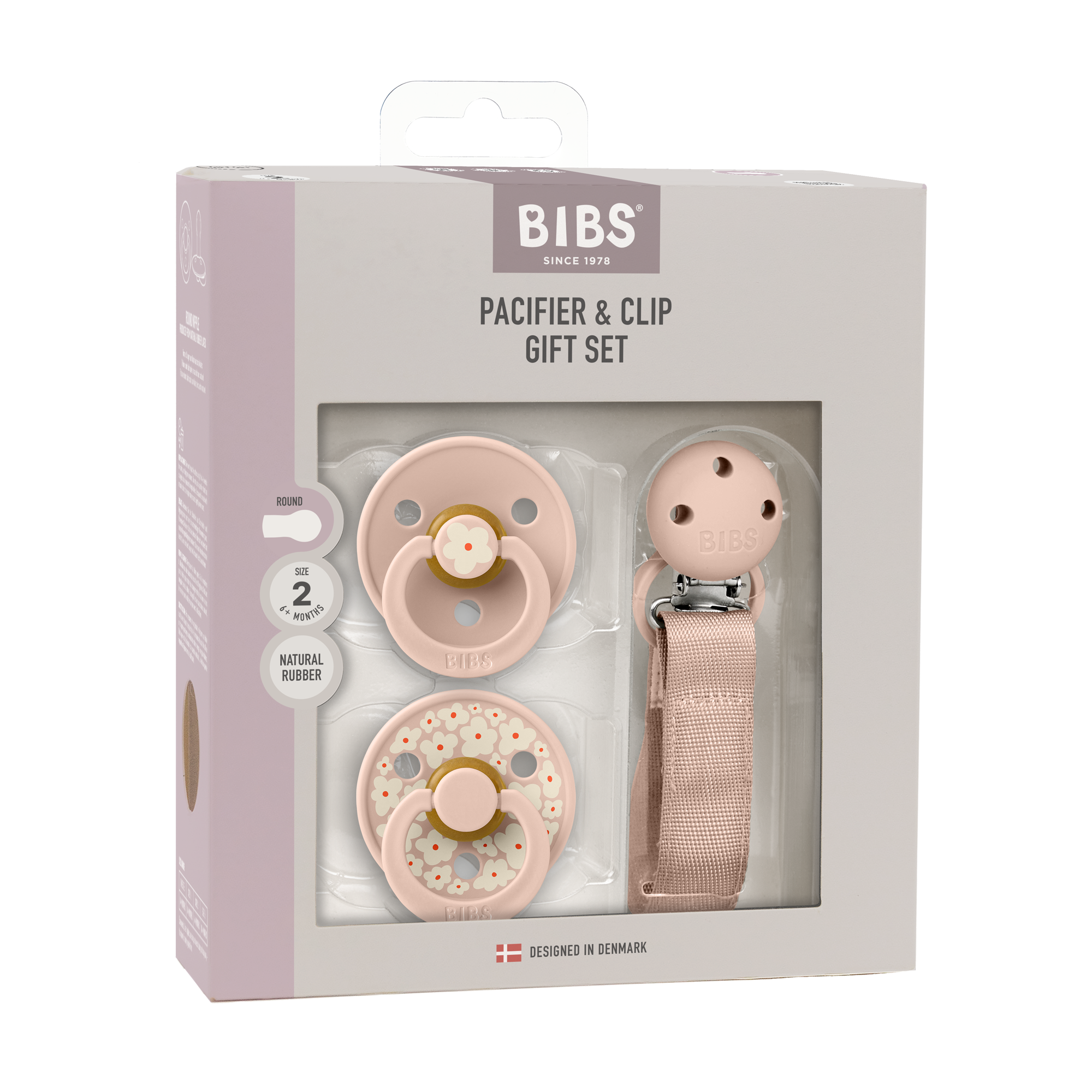 BIBS Pacifier & Clip Gift Set Jasmine Field Latex Size 2 Blush