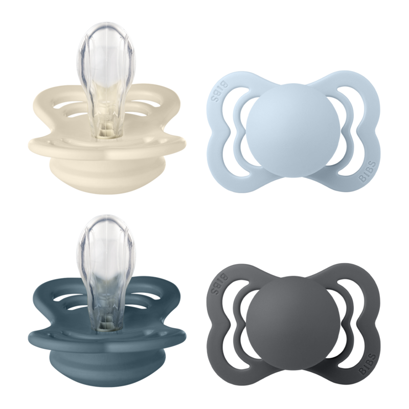 BIBS Supreme Silicone Size 1 Ivory/Baby Blue/Petrol/Iron 4-pack