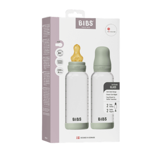 BIBS Glass Baby Bottle Round Latex Medium Flow Sage 240 ml 2-pack